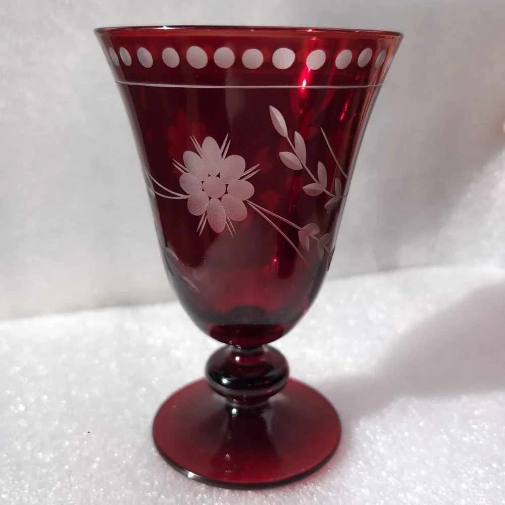 Williams Sonoma Goblet Set Ruby Red Vintage Cut to Clear Floral Glass Etched 4pc